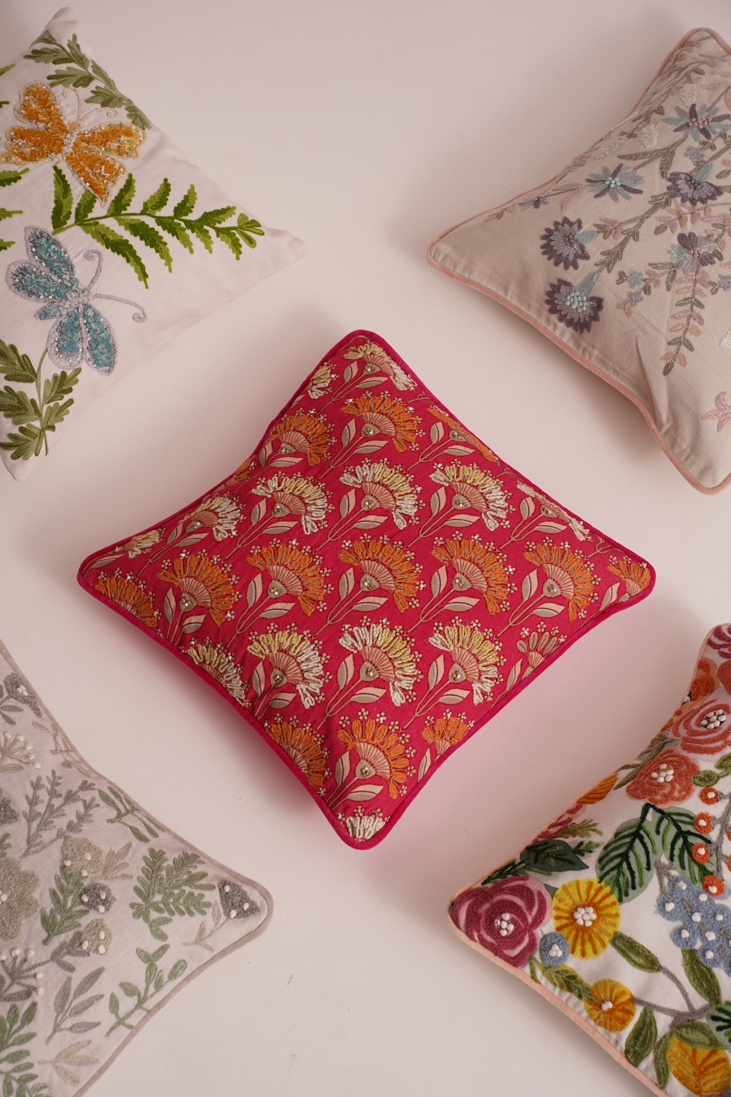 RoseWhimsy Pink Embroidered Cotton Cushion Cover