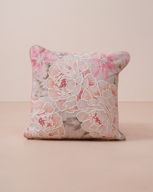 Peach rose Embroidered Cushion Cover