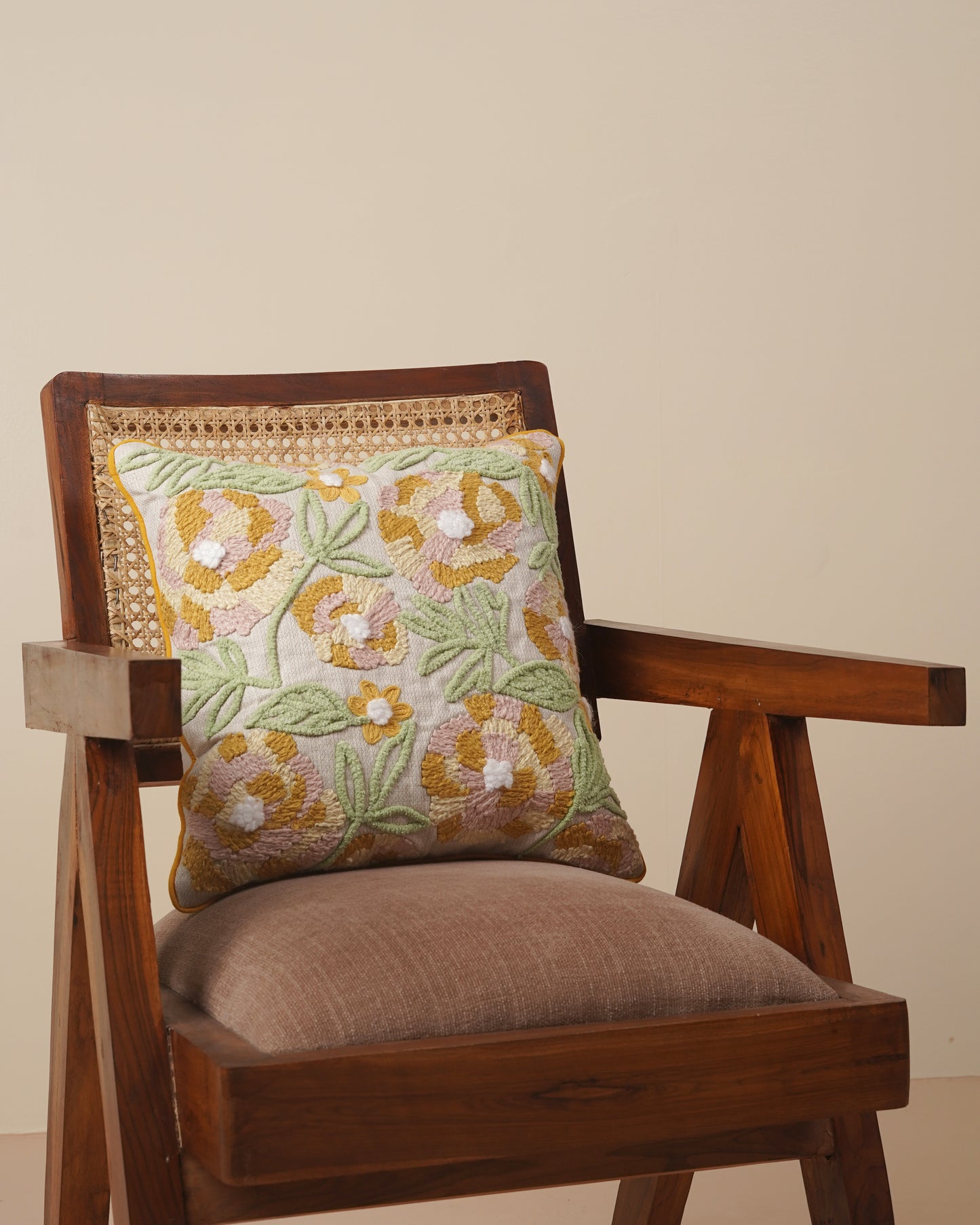 Mustard Bloom Embroidered Cushion Cover