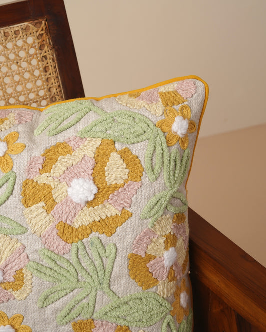 Mustard Bloom Embroidered Cushion Cover