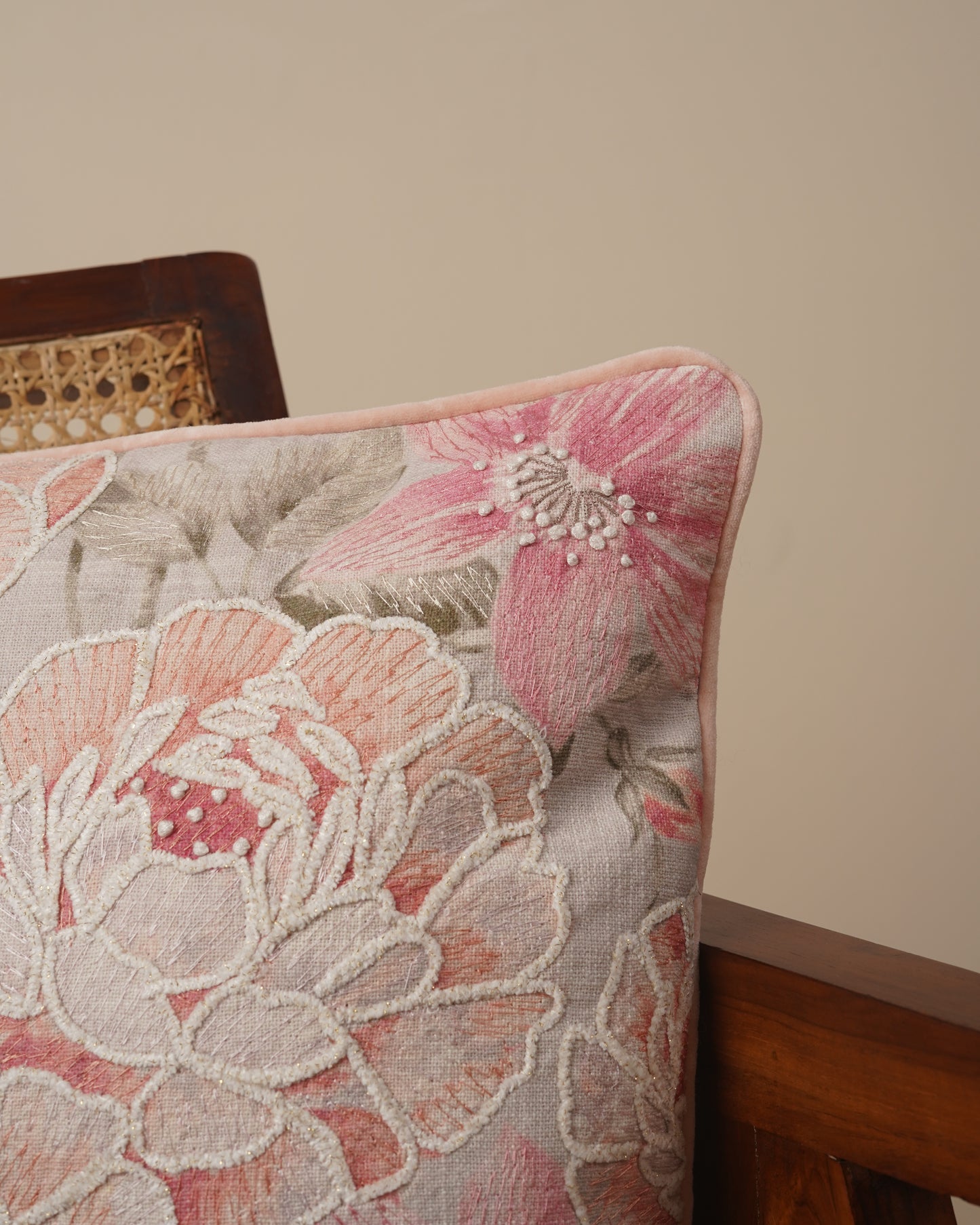 Peach rose Embroidered Cushion Cover