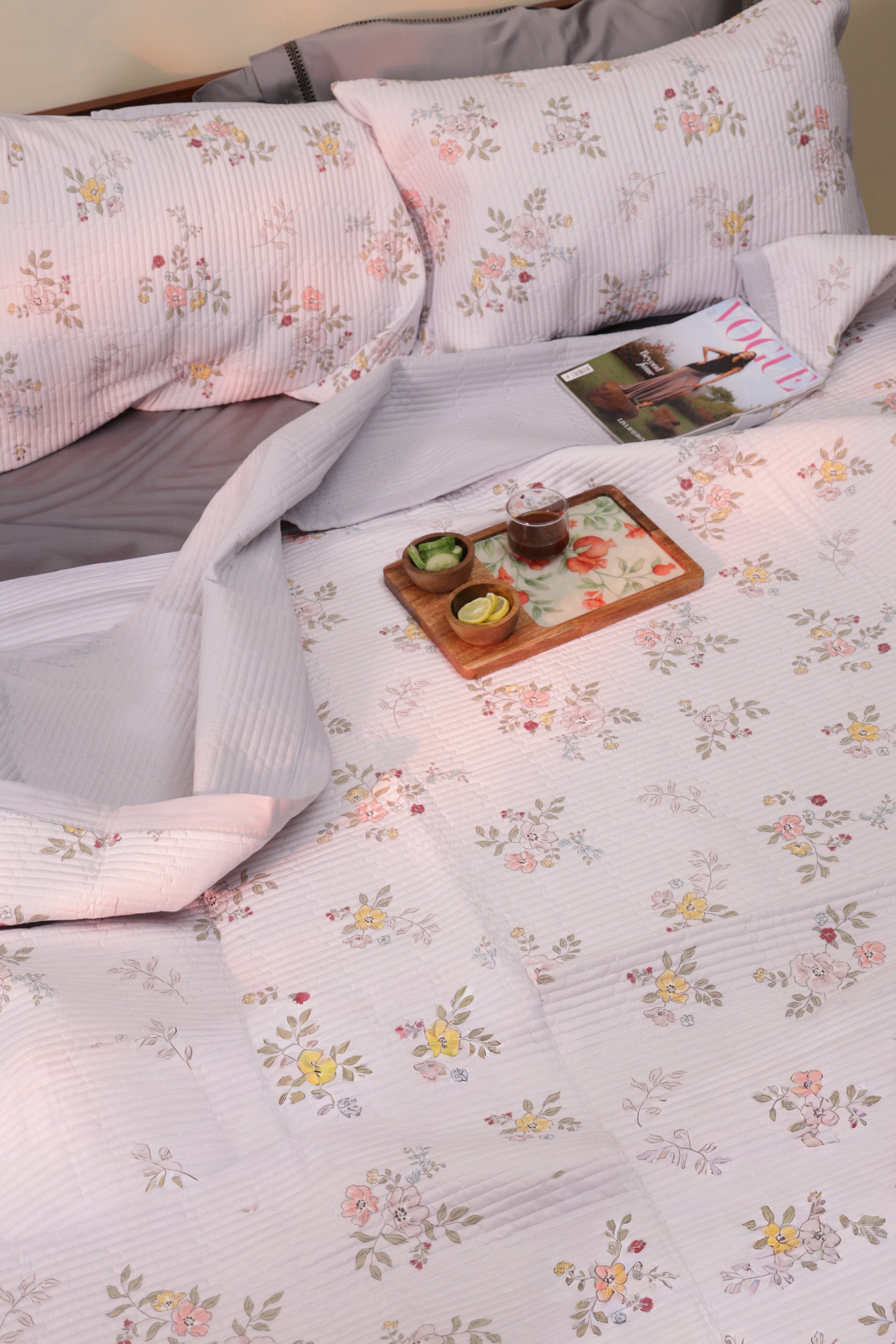Grey Bloom Reversible Bedcover