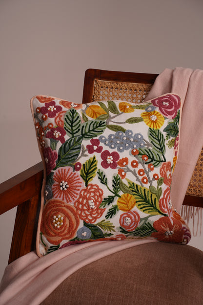 BlossomWeave Embroidered Cotton Cushion Cover