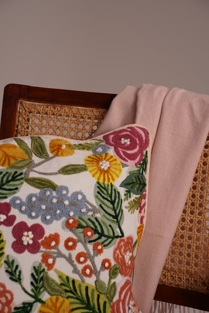 BlossomWeave Embroidered Cotton Cushion Cover