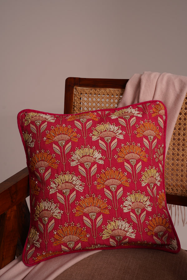 RoseWhimsy Pink Embroidered Cotton Cushion Cover