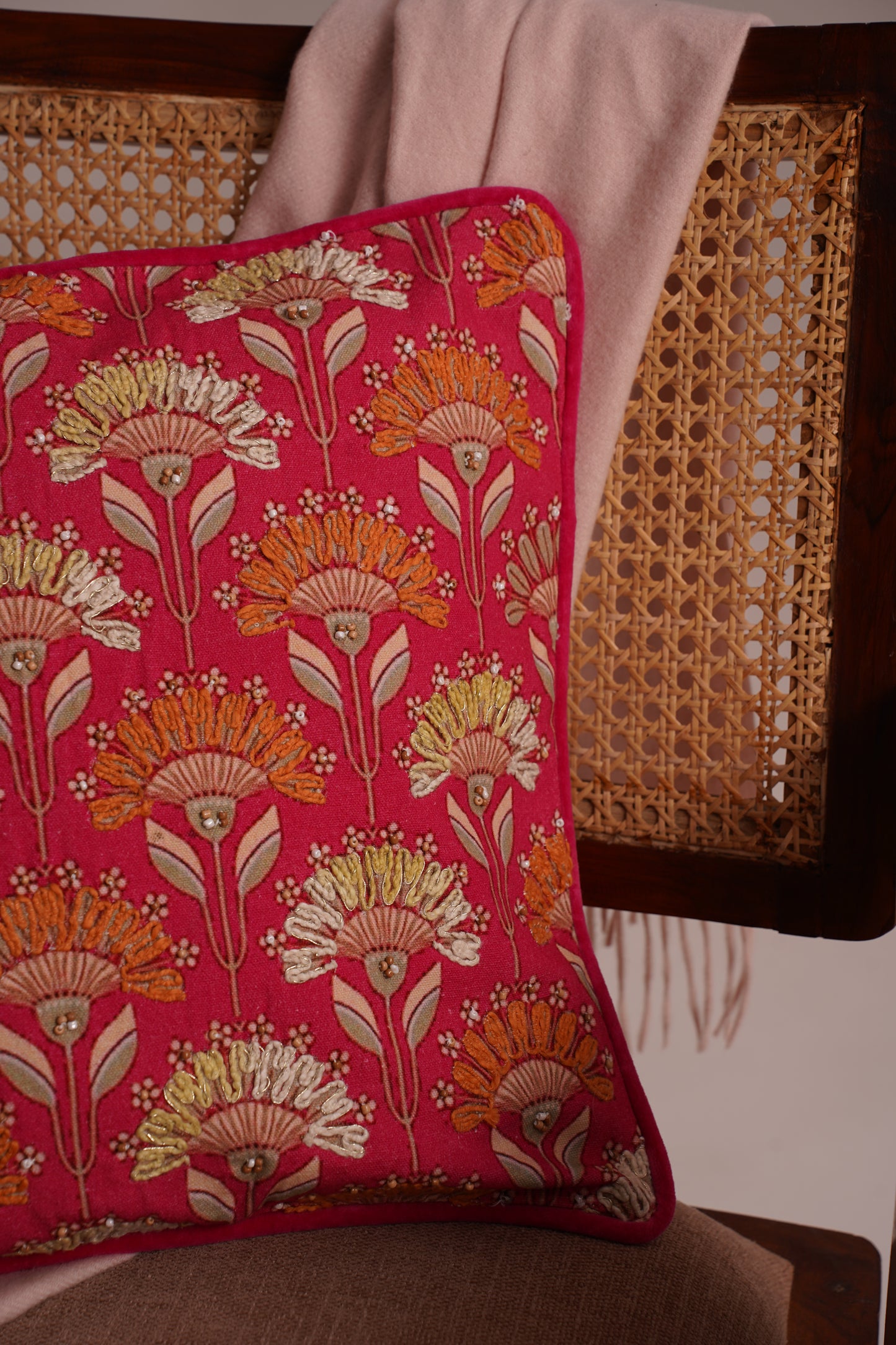 RoseWhimsy Pink Embroidered Cotton Cushion Cover