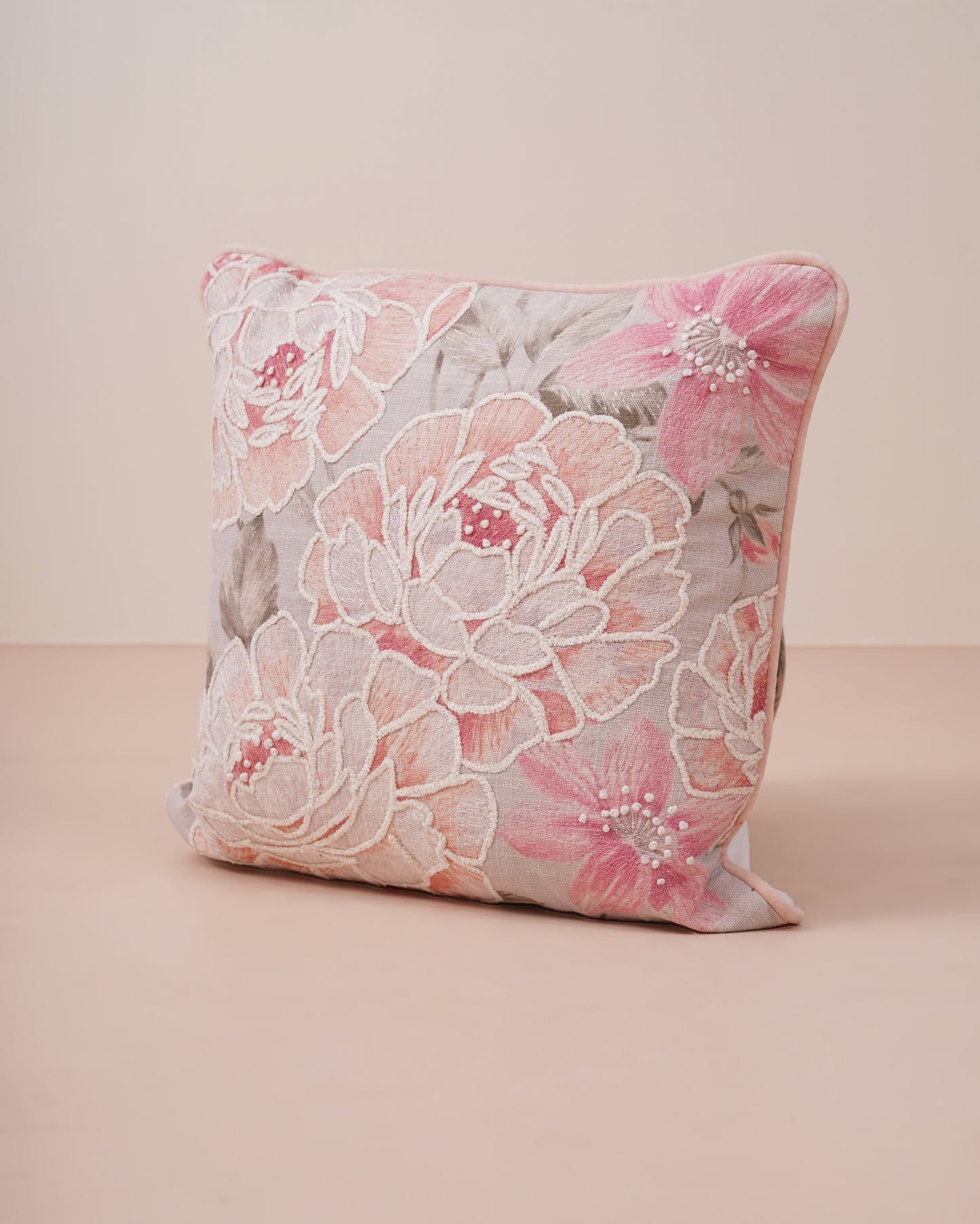 Peach rose Embroidered Cushion Cover