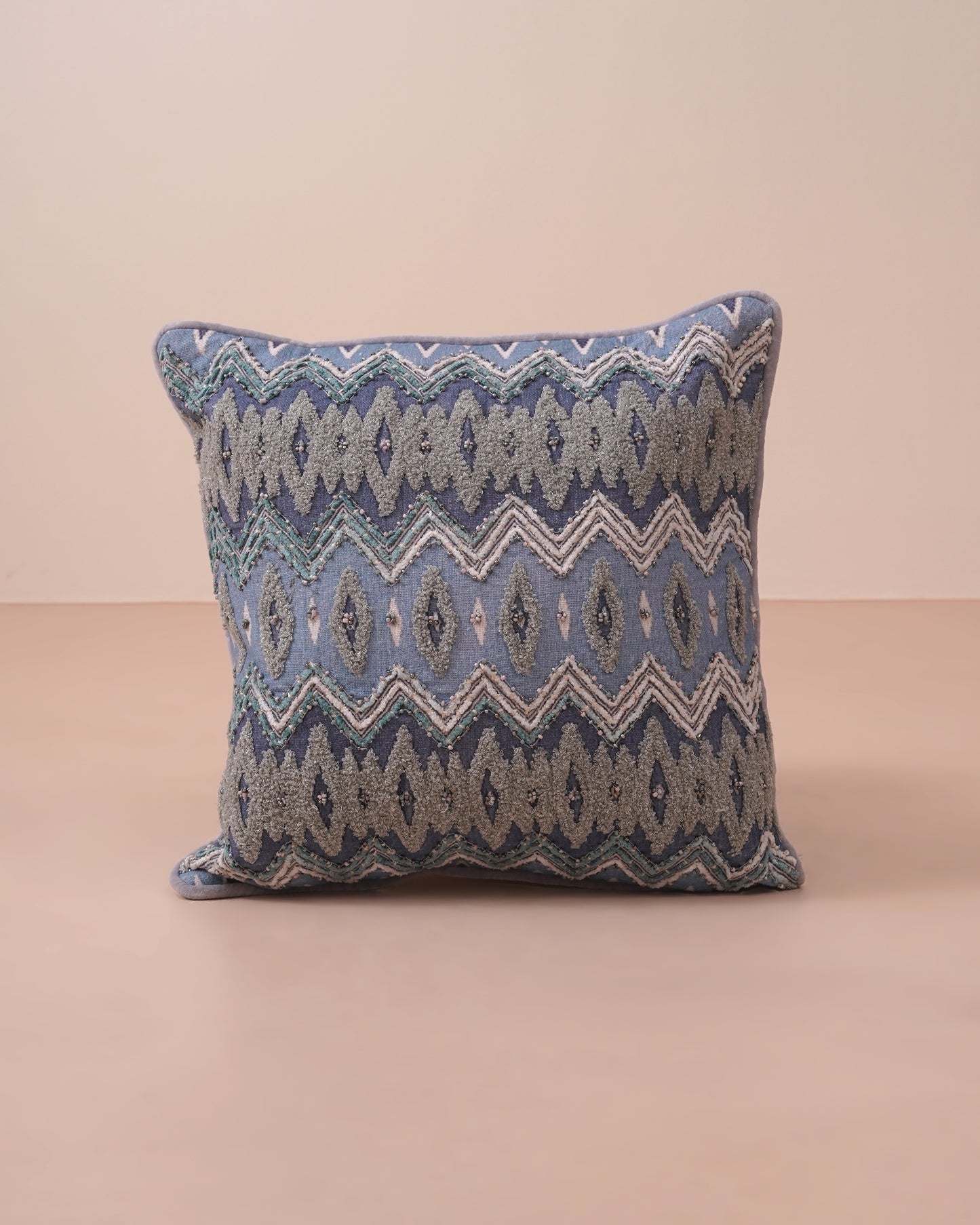 Blue Ikkat Embroidered Cushion Cover