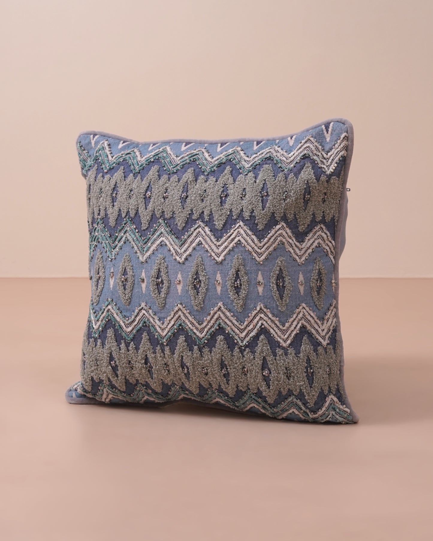 Blue Ikkat Embroidered Cushion Cover