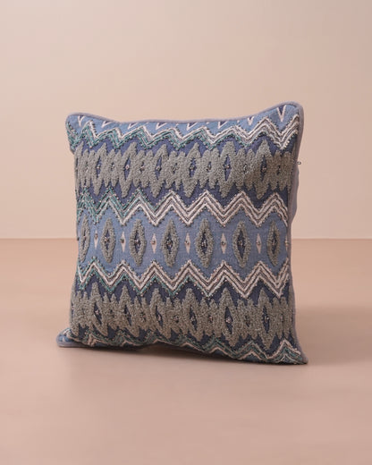 Blue Ikkat Embroidered Cushion Cover