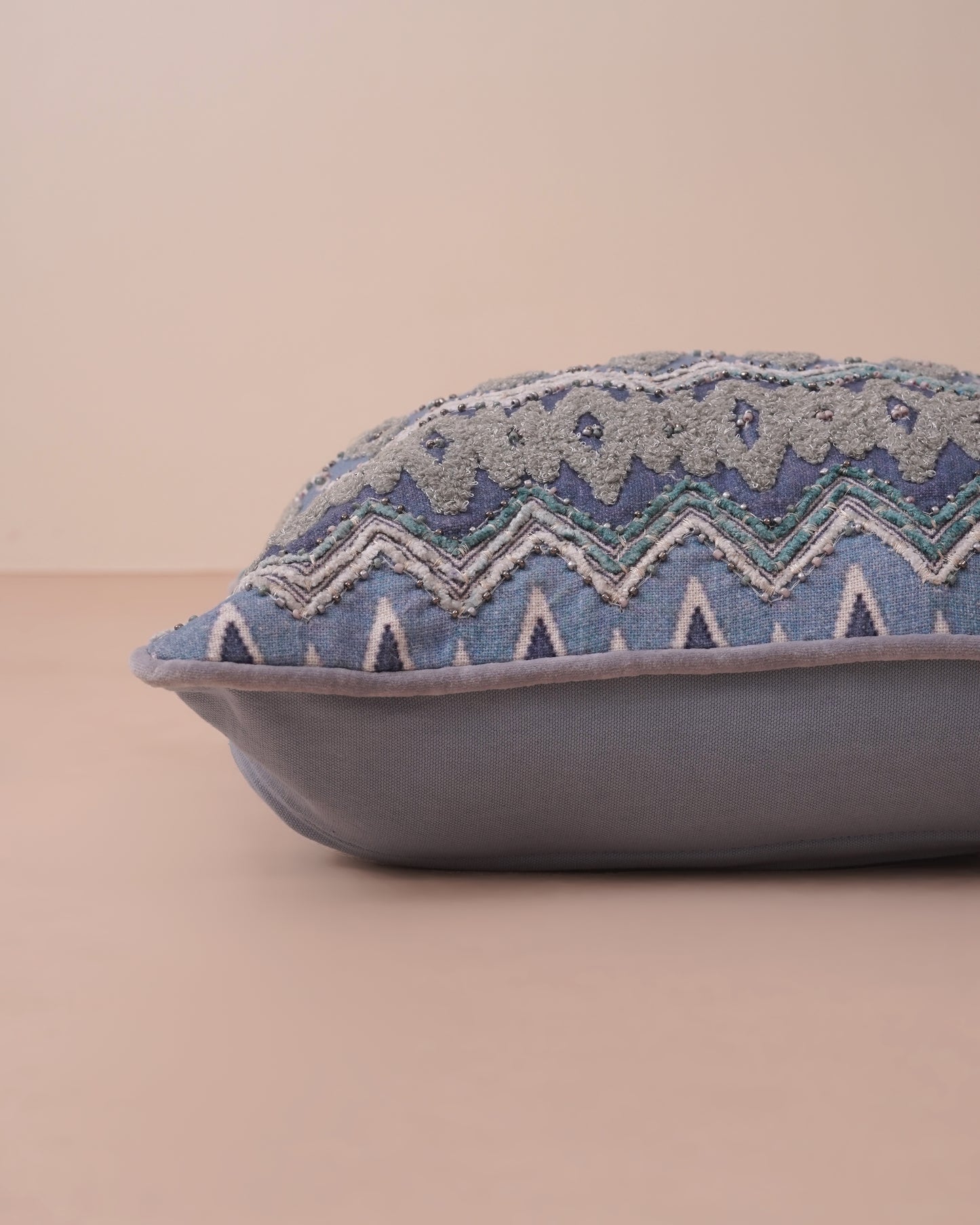 Blue Ikkat Embroidered Cushion Cover