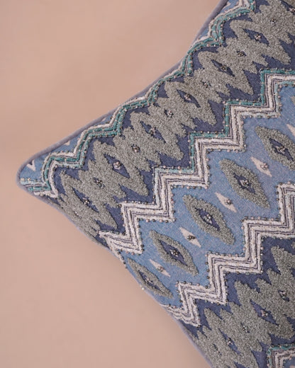 Blue Ikkat Embroidered Cushion Cover