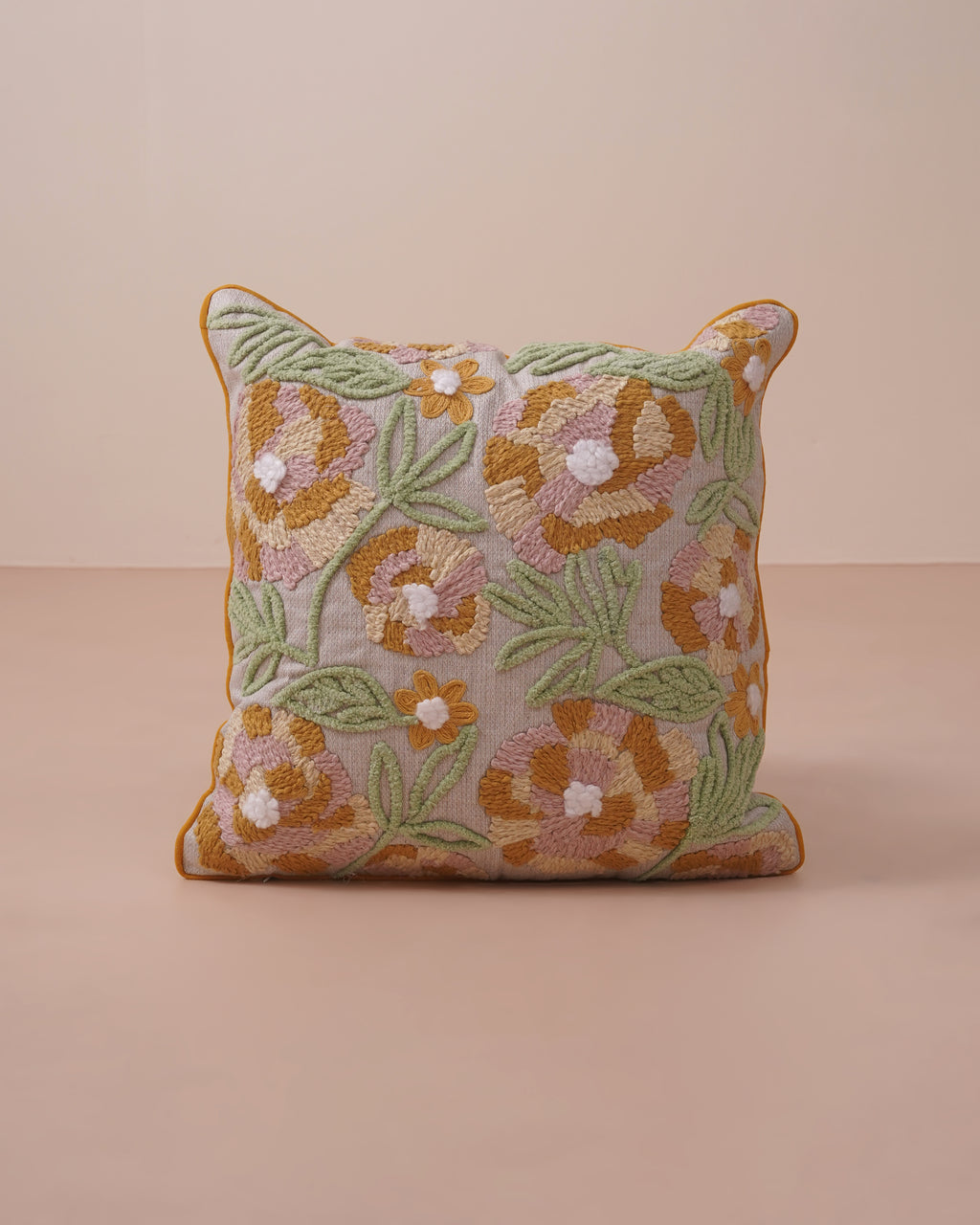 Mustard Bloom Embroidered Cushion Cover