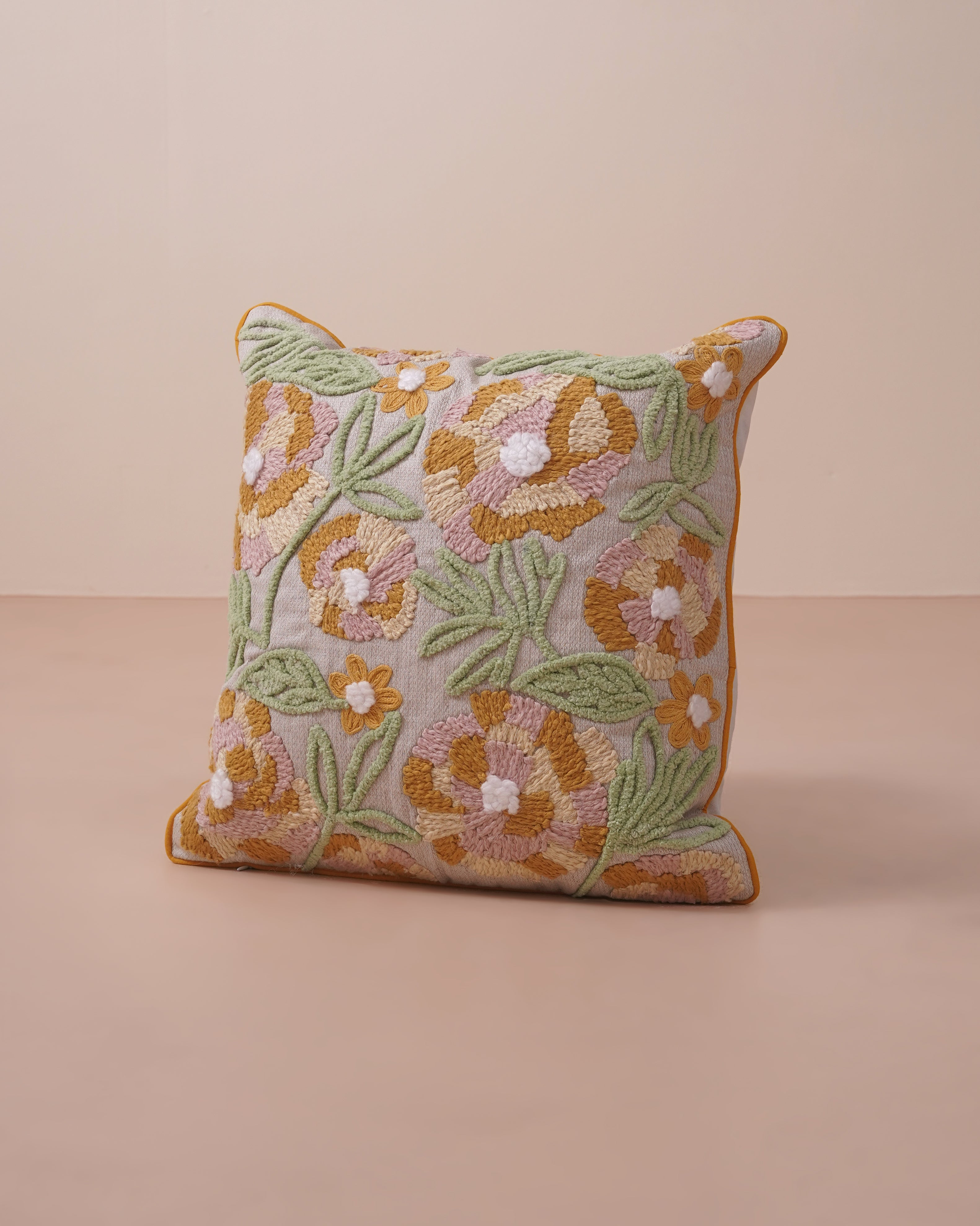 Mustard Bloom Embroidered Cushion Cover