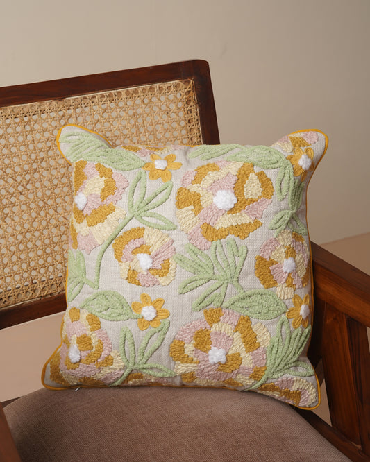 Mustard Bloom Embroidered Cushion Cover