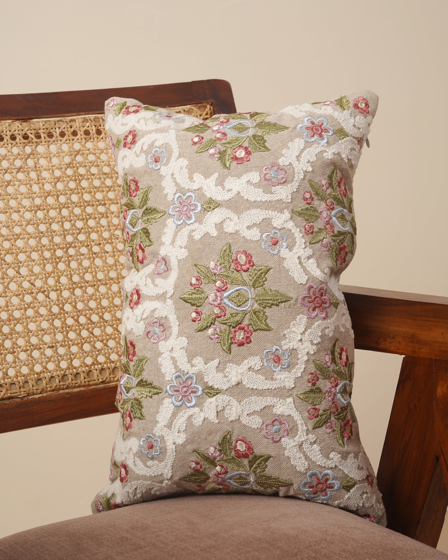 Beige Embroidered Cushion Cover