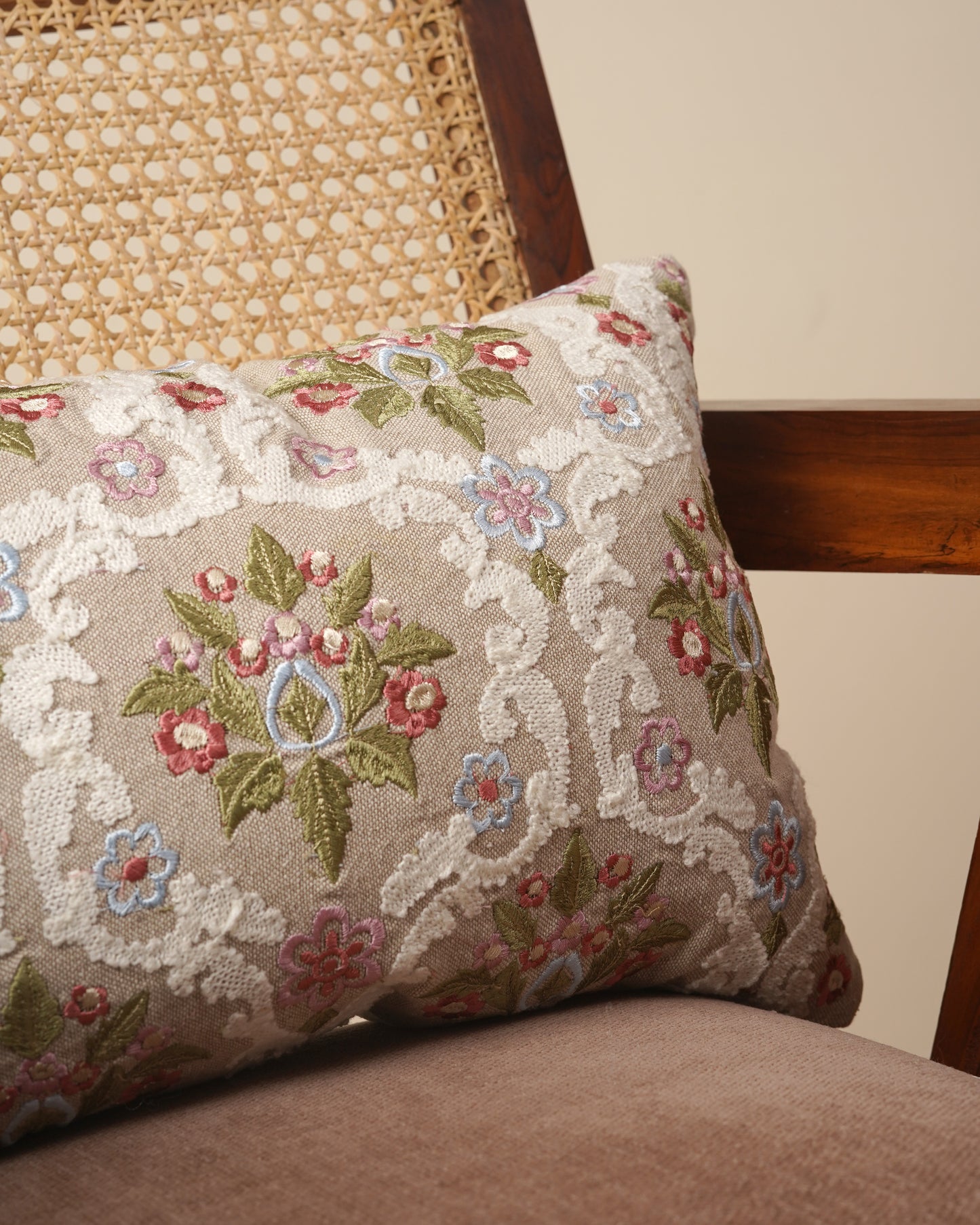 Beige Embroidered Cushion Cover