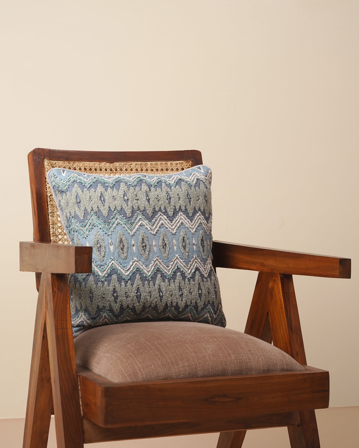Blue Ikkat Embroidered Cushion Cover