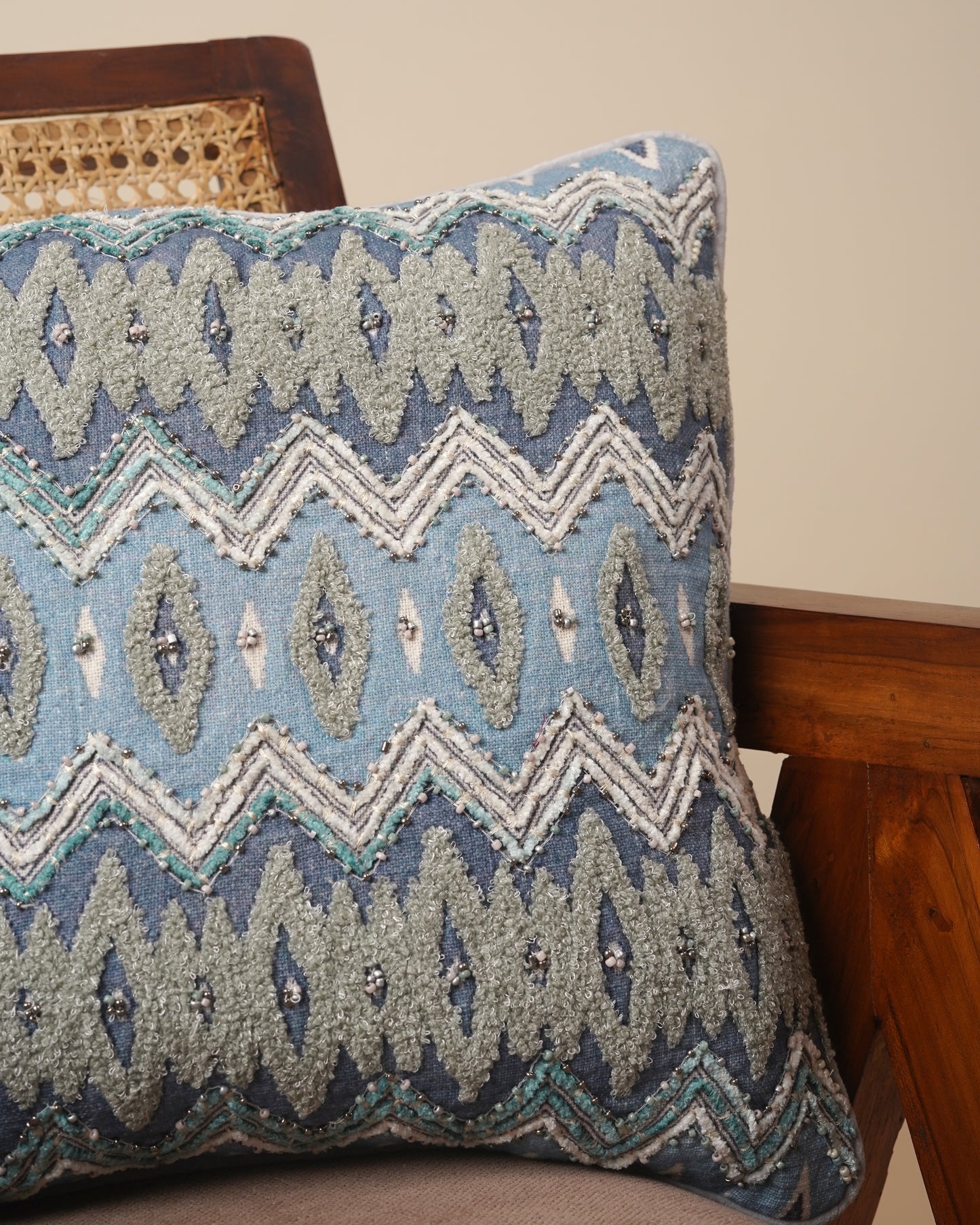Blue Ikkat Embroidered Cushion Cover