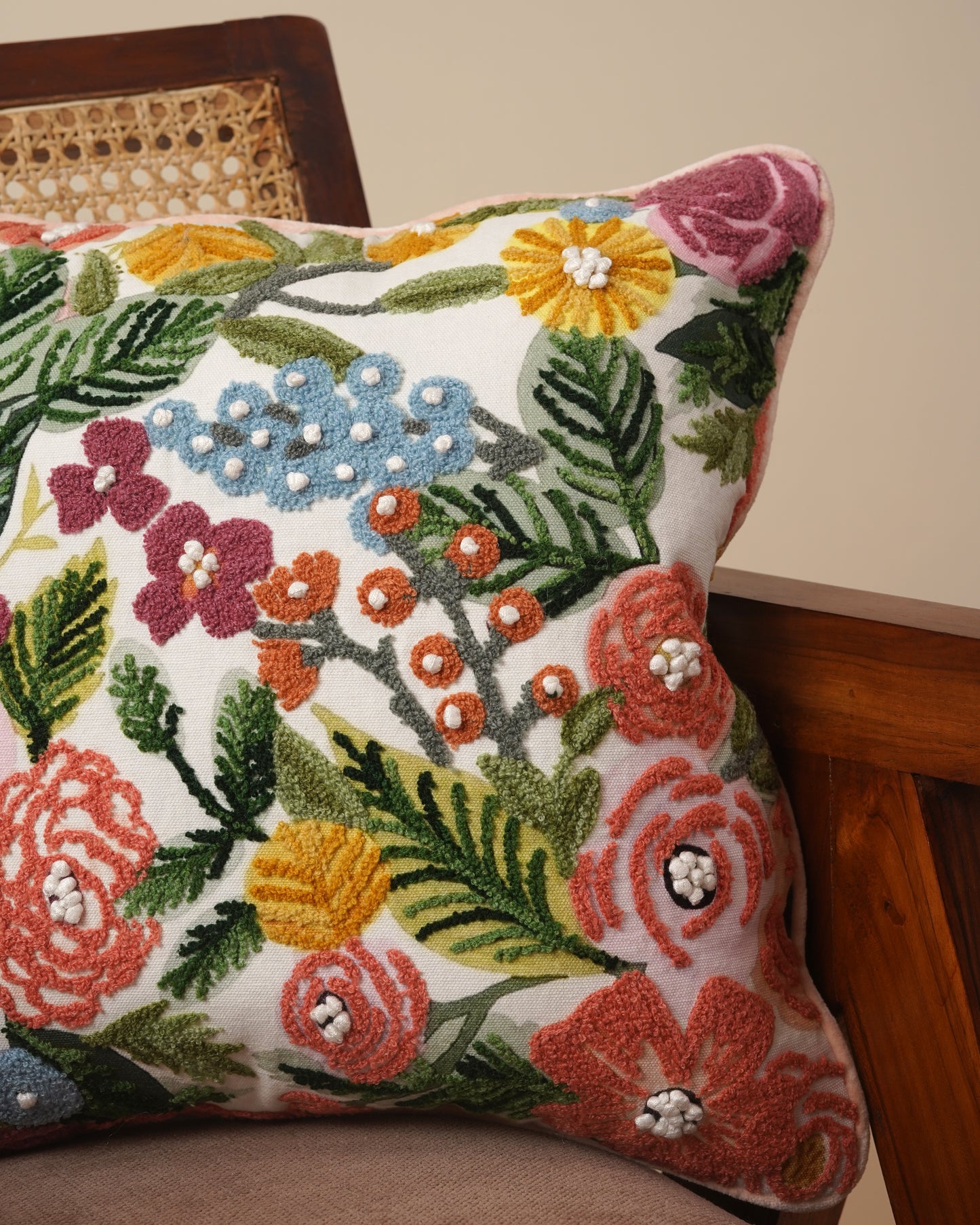 BlossomWeave Embroidered Cotton Cushion Cover
