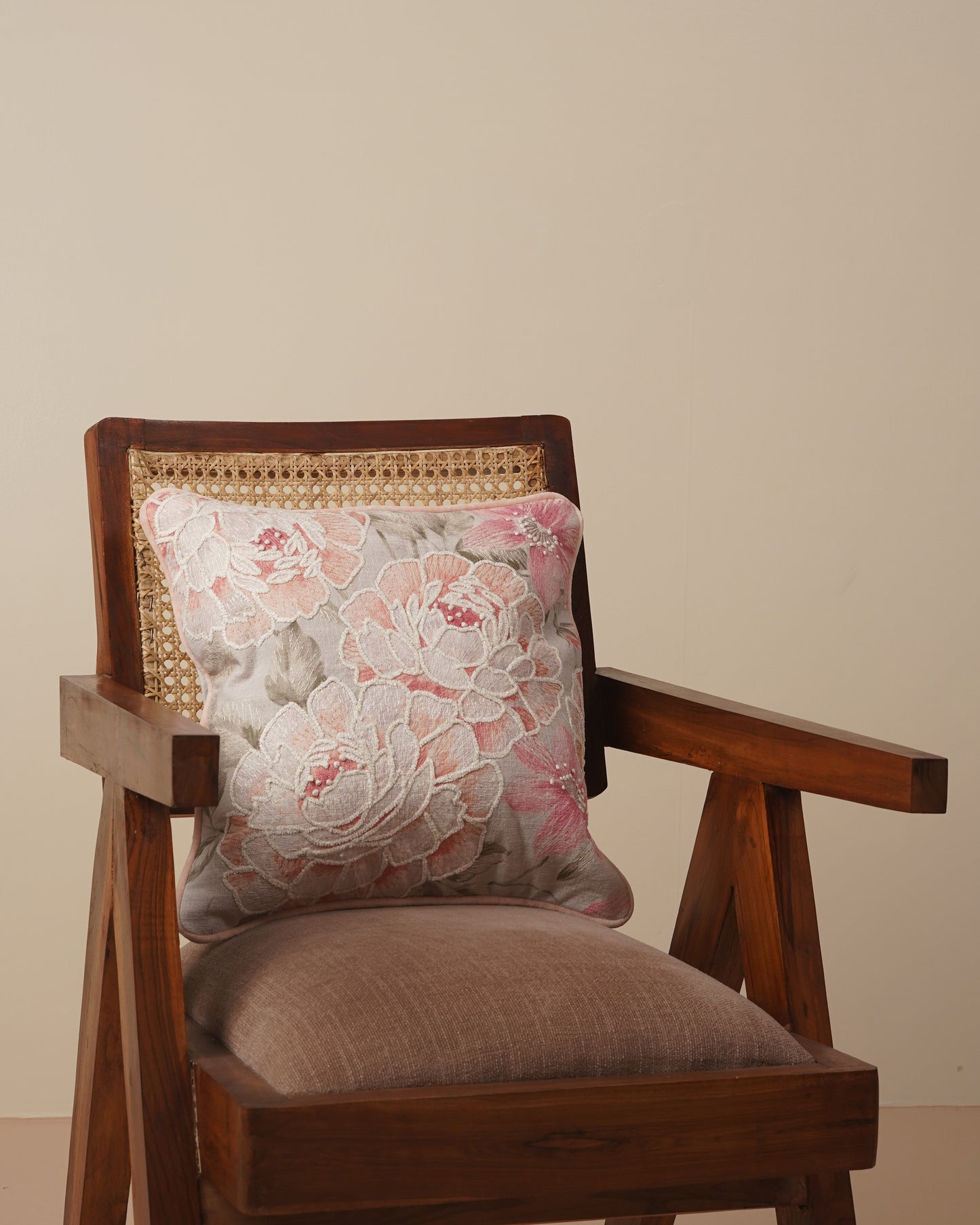 Peach rose Embroidered Cushion Cover