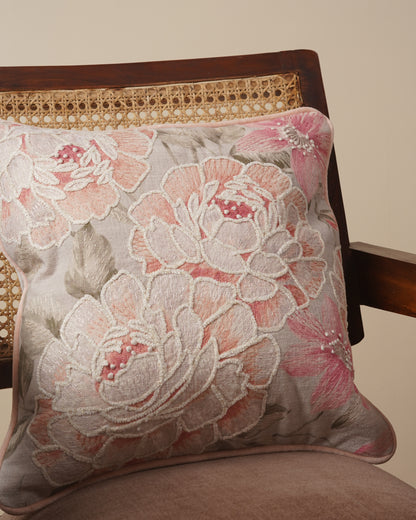 Peach rose Embroidered Cushion Cover