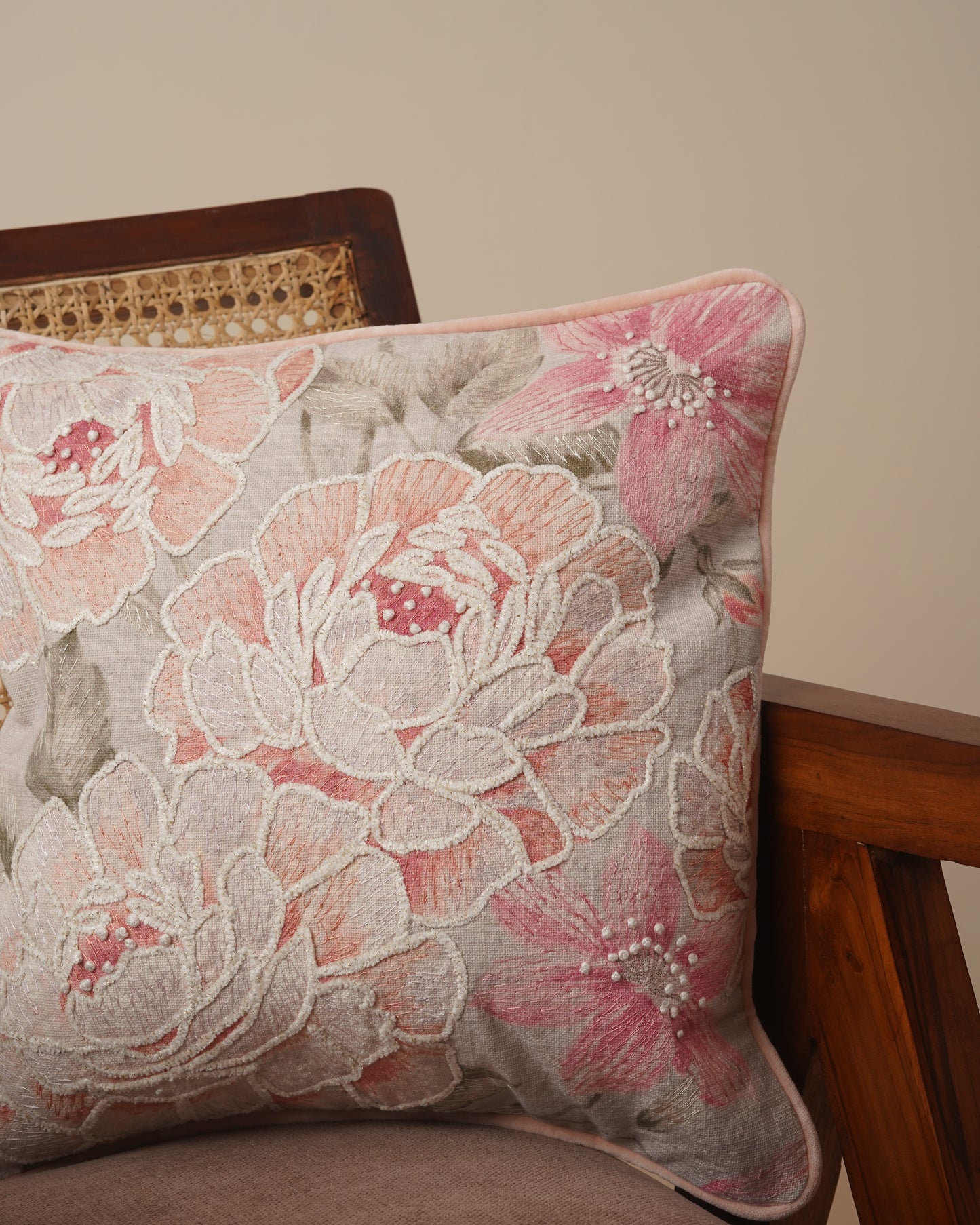 Peach rose Embroidered Cushion Cover
