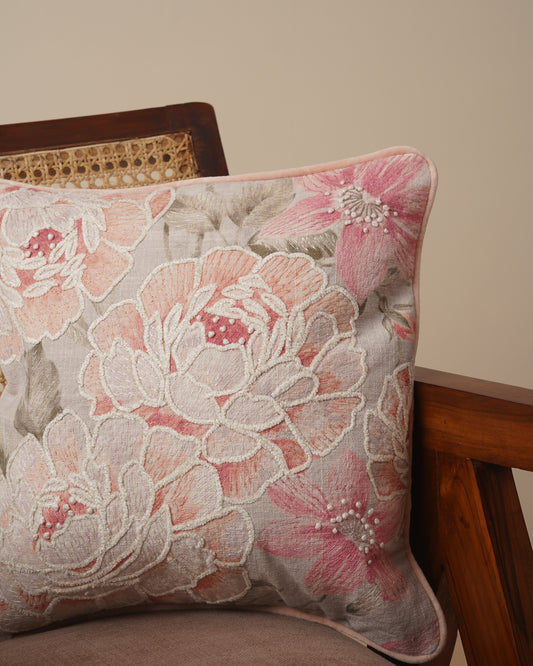 Peach rose Embroidered Cushion Cover