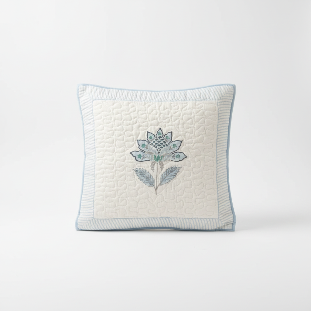 Petal Blue Handblock Cushion Cover (Set of 2)