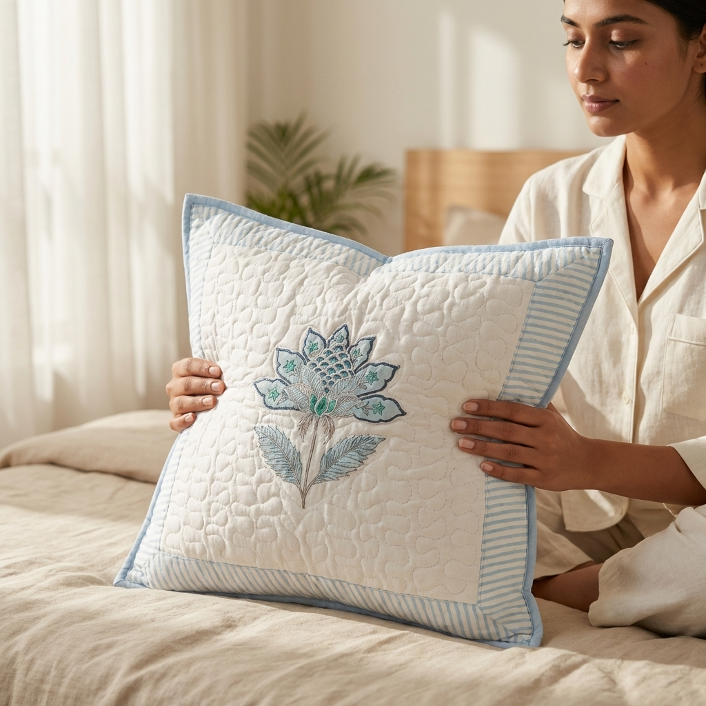 Petal Blue Handblock Cushion Cover (Set of 2)