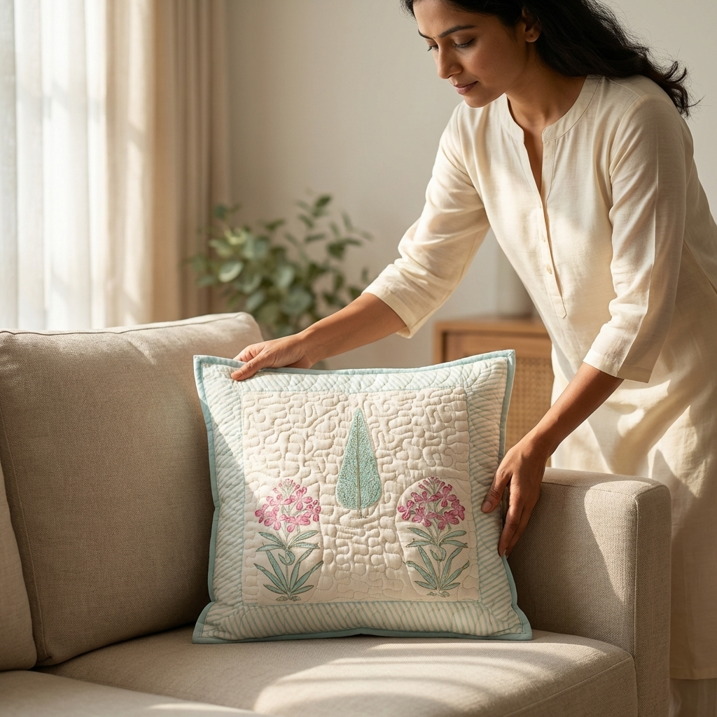 Powder Blue Handblock Cushion Cover (Set of 2)