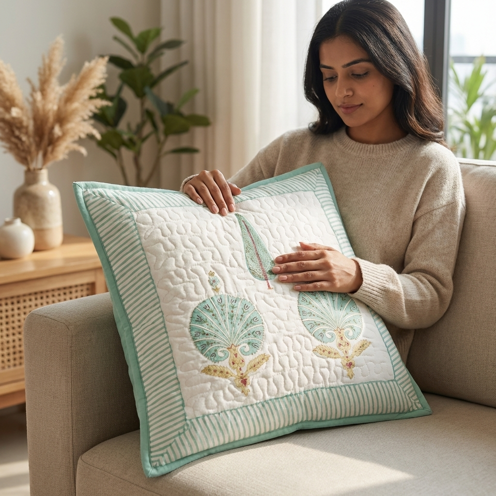 Peacock Handblock Cushion Cover (Set of 2)