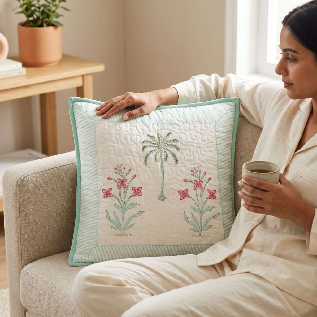Palm Tree Handblock Cushion Cover (Set of 2)
