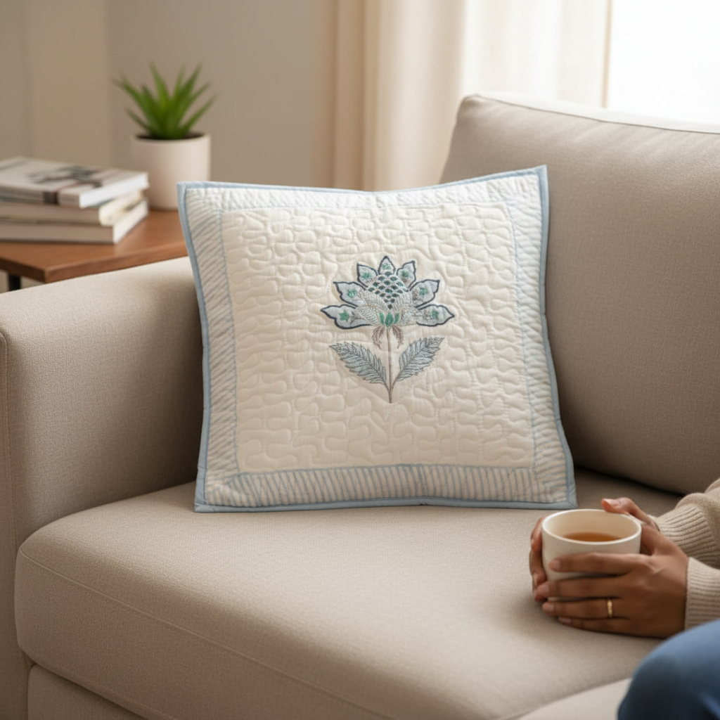 Petal Blue Handblock Cushion Cover (Set of 2)