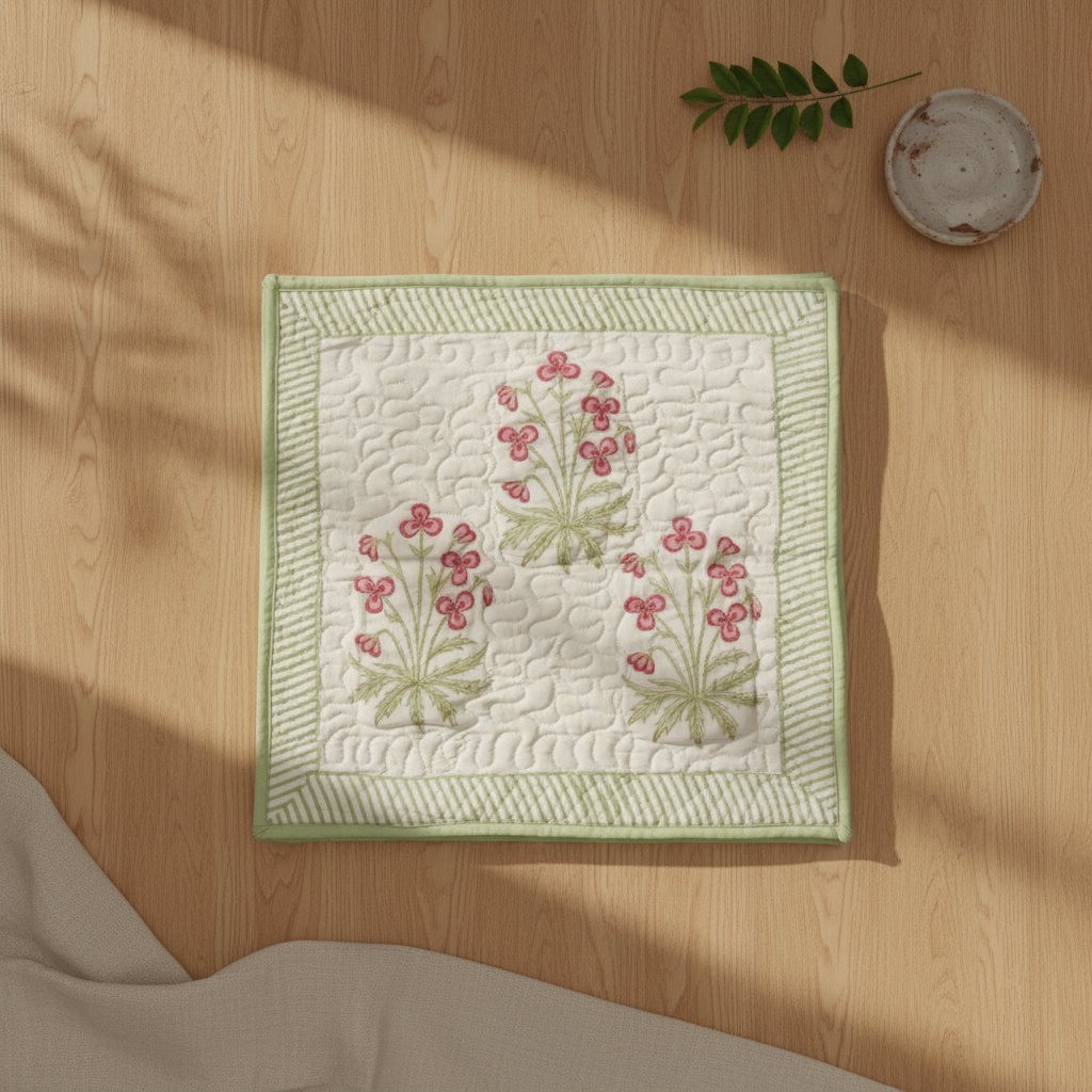 Sage Floral Handblock Cushion Cover (Set of 2)