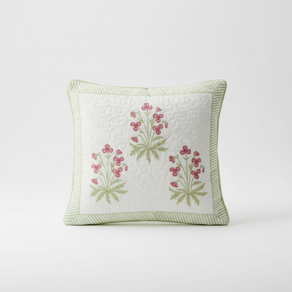 Sage Floral Handblock Cushion Cover (Set of 2)