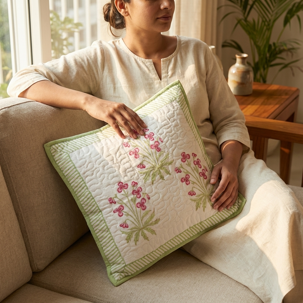Sage Floral Handblock Cushion Cover (Set of 2)