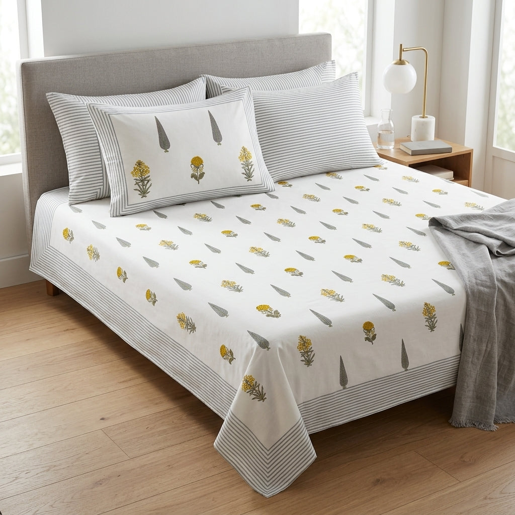 Grey Pinstripe & Mustard Buti King Size Bedsheet