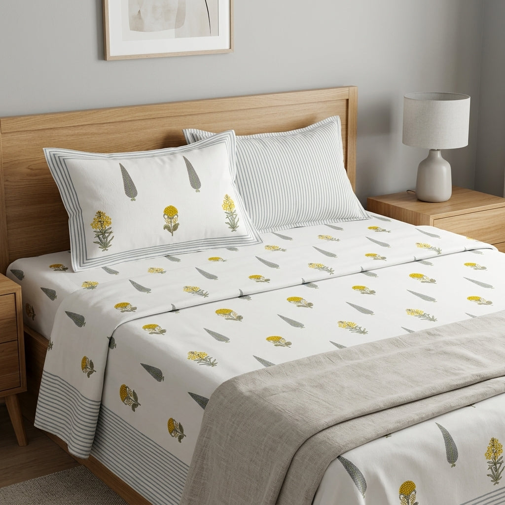 Grey Pinstripe & Mustard Buti King Size Bedsheet