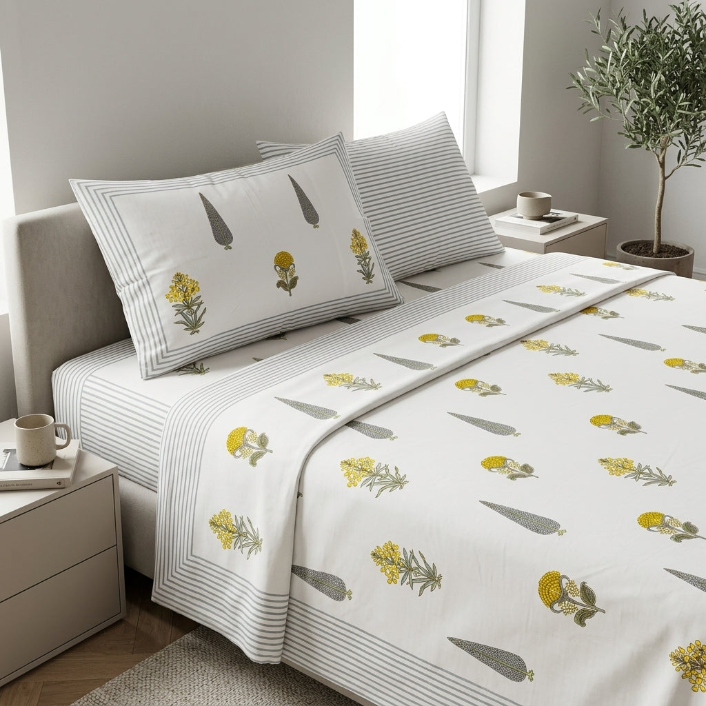 Grey Pinstripe & Mustard Buti King Size Bedsheet