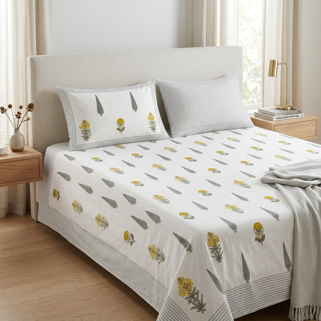 Grey Pinstripe & Mustard Buti King Size Bedsheet